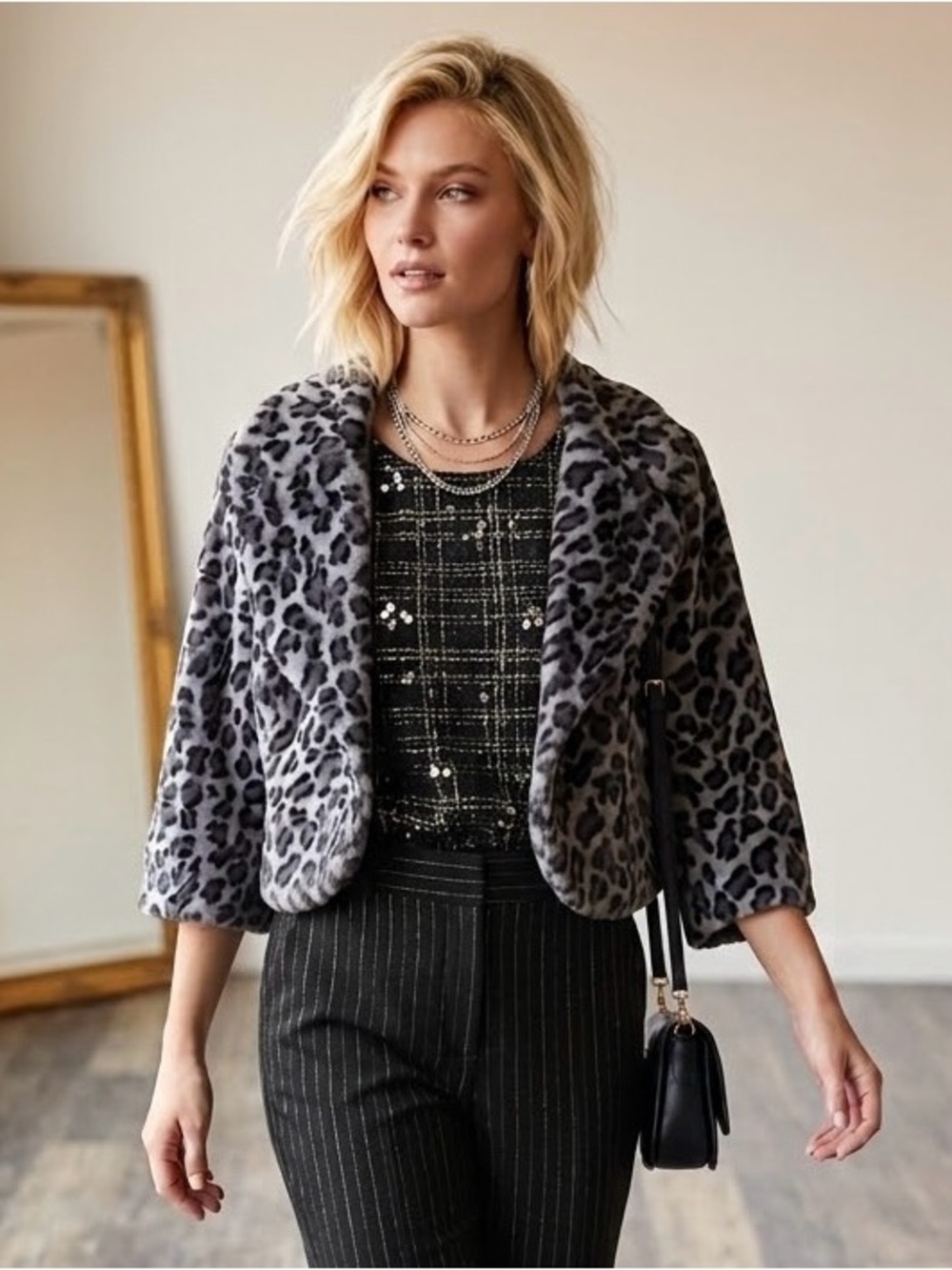 Halogen Gray Leopard-Print Faux Fur Cropped Jacket